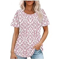 Women's Casual Tops Round Neck Basic Pleated Top Short Sleeve T-Shirt Dressy Blouses Loose Tunic Work Shirts