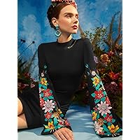 TLULY Dress for Women Mock Neck Floral Print Bell Sleeve Bodycon Dress (Color : Black, Size : X-Small)