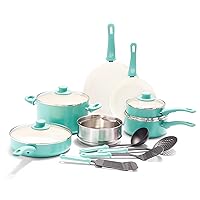 GreenLife Soft Grip Healthy Ceramic Nonstick, 15 Piece Cookware Pots and Pans Set, Induction, PFAS-Free, Dishwasher Safe, Turquoise