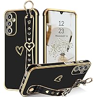 GUAGUA for Samsung Galaxy A15 4G/5G Case Galaxy A15 Phone Case Slim Flexible TPU Plating Love Heart with Wristband Kickstand Shockproof Protective Phone Case for Samsung A15 4G/5G 6.5 Inch, Black