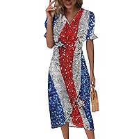 Women's 4Th of July Dress Beach Dresses for Elegant Wrap V Neck Boho Dress Flowy Ruched Hawaiian Maxi Dress, S-3XL