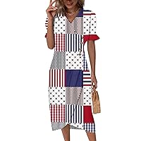 Georgette Patriotic Puff Sleeve Trendy Wrap Midi Dress Button Side American Stripe Long Spring Summer Dress