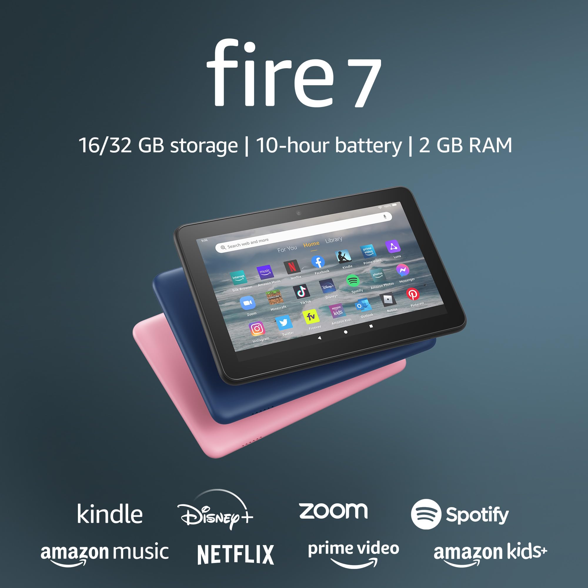 Amazon Fire 7 tablet, 7” display, 16 GB, 10 hours battery life, light and portable for entertainment at home or on-the-go, (2022 release), Black, without lockscreen ads