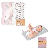 Organic Burp Cloths for Baby Boys and Girls and Portable Diaper Changing Pad Bundle - Burping Cloth, Burp Clothes, (Sweet Charm) - Waterproof Foldable Baby Changing Mat (Sweet Pink)