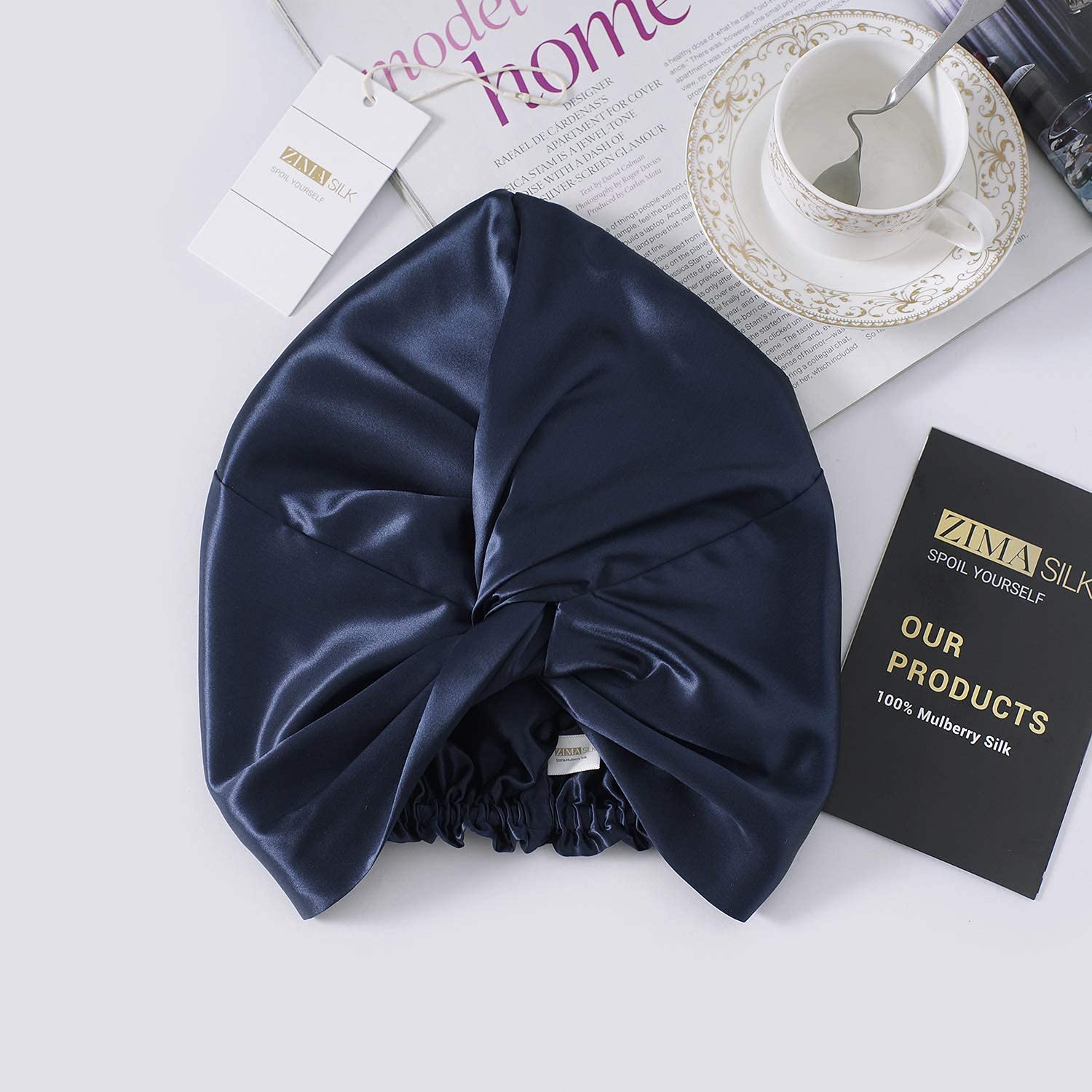 ZIMASILK 22 Momme 100% Mulberry Silk Bonnet for Sleeping & Women Hair Care, Highest Grade 6A Silk hair wrap for sleeping with Premium Elastic Stay On Head (1Pc, Navy Blue)