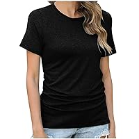Womens Basic Ruched Tee Tops Short Sleeve Crewneck Everyday T-Shirts Spring Summer Casual Fitted Comfy Tees Blouse
