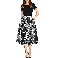 oxiuly Women's Vintage Patchwork Pockets Puffy Swing Casual Party Dress OX165 (Black Gray, l)
