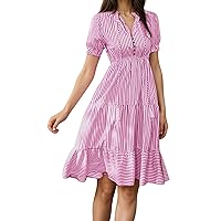 utcoco Womens Striped Short Sleeve Dress Casual Slim Fit Button V-Neck Ruffle Hem Midi Dress with Drawstring