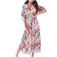 Women's Bohemian V-Neck Trendy Glamorous Short Sleeve Long Beach Print Swing Dress Casual Loose-Fitting Summer Flowy Red