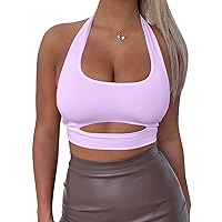 Mokoru Women's Sexy Halter Sleeveless Cut Out Crop Tops Square Neck Double Layer Backless Tank Cami