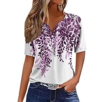 Women's Fashion Casual Vintage Printed V-Neck Short Sleeve Decorative Henley Blouses 2024 Trendy T Shirts Blouse