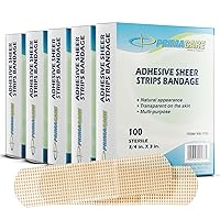 Self Adhesive Sheer Strips Bandages for Wounds Dressing, 3/4 x 3 Inches 100 Count (Pack of 5) First Aid Bandage with Absorbent Non Stick Pads, Breathable, Skin Color PE Material 500 Strips