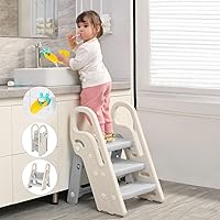 Onasti Foldable Step Stool for Bathroom Sink, Adjustable 3 Step Stool for Kids Toilet Potty Training Stool with Handles, Child Kitchen Counter Stool Helper, Plastic Ladder for Toddlers Grey