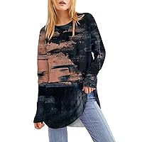Women's Tops Printed Round Neck Loose Long Sleeve Medium Length Leaky Thumb T-Shirt Top Tops, S-3XL