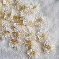 100pcs 30mm Organza Ribbon Flowers with Beads 2-Layer Artificial Silk Flower Appliques Handmade DIY Sewing Wedding Dress Craft Decoration (Cream Yellow)