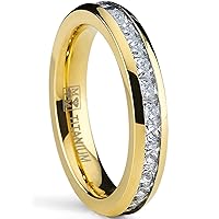 4MM Goldtone Plated Princess Cut women's Eternity Titanium Ring Wedding Band with Cubic Zirconia CZ