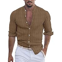 Mens Hippie Striped Linen Button Up Shirts Long Sleeve Casual Cuban Guayabera Shirts Band Collar Hawaiian T-Shirts