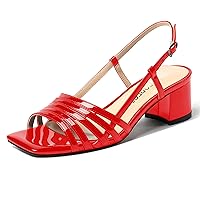 Women's Dress Square Open Toe Ankle Strap Slingback Patent Party Chunky Low Heel Sandals 2 Inch