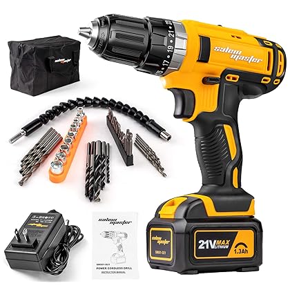 SALEM MASTER Cordless Drill Driver - 21V Max Impact Drill with 3/8'' Auto Chuck 23+1 Clutch 2-Speed Lithium-Ion Battery Built-in LED Compact Drill for Home Improvement & DIY Project (Yellow)