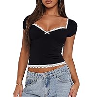 Sunloudy Women Basic Short Sleeve Square Neck Crop Top Bow Lace Trim Slim Fitted Fairy Tee Aesthetic Clothes