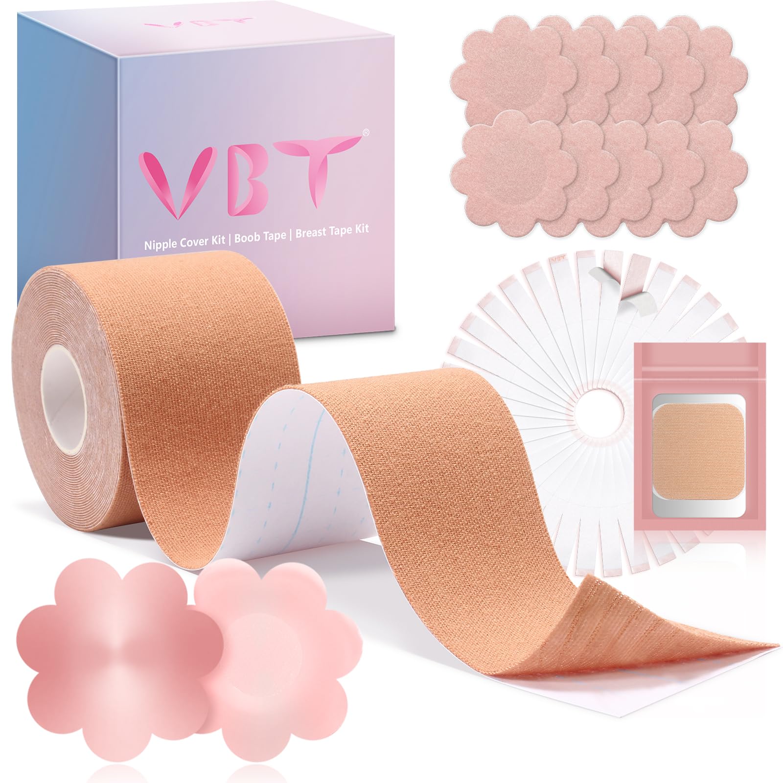 Breast Tape, Replace Your Bra-Instant Boob Tape, Suitable for A-G, Bob Tape for Breast Lift w 1 Breast Lift Tape, 5 Pairs Satin Breast Petals, 1 Pair Silicone Nipple Stickers, 36 PCS Double Sided Tape