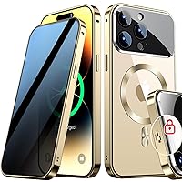[Full Camera Protection& Mechanical Lock] Magnetic Privacy Case for iPhone 14 Pro [Compatible with MagSafe] [CD Metal Ring] Full Body Shockproof Metal Bumper, 9H Anti Peeping Glass Cover-Gold