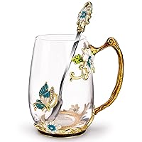 OEAGO Birthday Gifts for Women Mom Glass Coffee Enamels Mug Best Mothers Day Butterfly Gifts for Her from Daughter Son Lead-Free Valentines Day Christmas Tea Cup with Spoon Sets