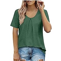 Womens Summer Tops Dressy Casual Short Sleeve T Shirts Fashion Scoop Neck Pleated Tees Blouse Basic Tops 2024