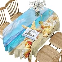 Seashells Polyester Oval Tablecloth,Beach Sand with Starfish Pattern Printed Washable Indoor Outdoor Table Cloth,60x120 Inch Oval,for Buffet Table, Parties, Holiday Dinner, Wedding & More