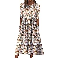 Flower Print Dress Casual Pocket Women's Floral Loose Fit White 2XL