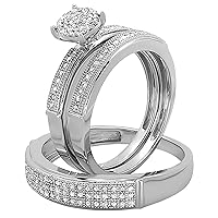 Dazzlingrock Collection 0.48 Carat (ctw) Round White Diamond Cluster Circle Framed Wedding Trio Ring Set for Men & Women in 925 Sterling Silver