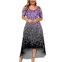 Polka Dot Dress for Women, Floral Midi Dress Bohemian Dress for Women Ladies Round Neck Dress Large Size Casual Short Sleeve Fashion Irregular Hem Floral Butterfly Print Summer (Dark Purple,5X-Large)