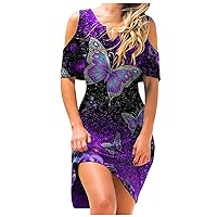 Dresses for Women 2024,Elegant Butterfly Print Sexy Off Shoulder V Neck Casual Short Sleeve Plus Size Midi Dress