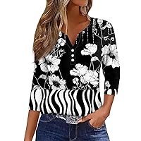 Summer T Shirts for Women 3/4 Length Sleeve Women's Tops Tees Blouses Three Quarter Sleeve V Neck Button Shirts
