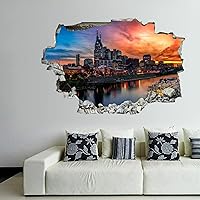 3D Self-adesive Removable Break Through The Wall Vinyl Wall Stickers/Murals Art Decals Stickers Nashville with The Boat 24 x 16 Inch Wall Decor for Kids, Made in USA