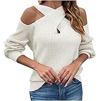 Cyber Fashion Monday Deals Cross V Neck Sweater for Women Sexy Cold Shoulder Knit Tops Fashion Long Sleeve Jumper Ribbed Knitwear Pullover Suéteres De Cuello Barco White