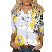 Womens 3/4 Sleeve Cotton Linen Button Down Shirt 2024 Spring Summer Casual Trendy Printed Shirts Loose Work Tops