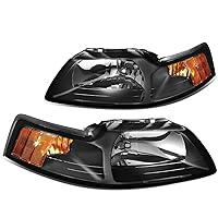 DNA MOTORING HL-OH-FM99-BK-AM Black Amber Headlights Replacement Compatible with 99-04 Mustang