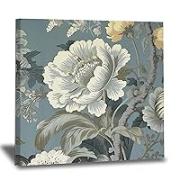 WoGuangis Blue Grey Chinoiserie Floral Canvas Wall Art Poster Antique Blue and White Peony Flower Painting Framed Artwork Oriental Chinoiserie Painting Artworks for Bedroom Home Decor 16x16in