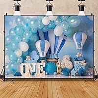 Boy One Birthday Party Backdrop Blue White Hot Air Balloon Little Bear Photography Background 1St Birthday Photo Booth Kids Boys Baby Shower Bear Party Backdrop Cake Smash Banner,7x5ft