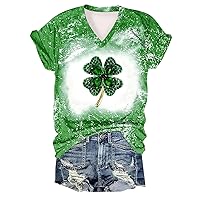 St Patrick's Day Bleached Shirts for Women Green Lip Printed Short Sleeve Striped Shirt Funny Irish Holiday T-Shirt