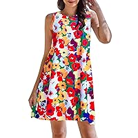 Women's Floral Camouflage Print Spring and Summer Loose Dress Round Neck Suspender Sleeveless Tummy Hiding Midi Dresses