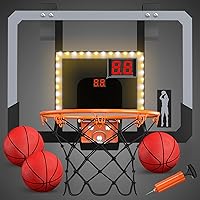 HYES Mini Basketball Hoop Indoor with Scoreboard/LED Light, Glow in The Dark Door Basketball Hoop, Basketball Toy Gifts for Kids Boys Girls Teens Adults, Suit for Bedroom/Office/Outdoor/Pool, Black