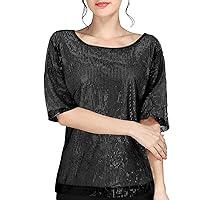 Womens Round Neck Glitter Sequins Shirts Top Casual 3/4 Short Sleeve Party Tee Tops Women Sequin Top Long Sleeve Sparkly Tops