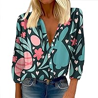Womens 3/4 Sleeve Park Extra Long Shirt Casual Beautiful Button-Down Stretchy Shirts Printing Loose Fit Trendy Tops