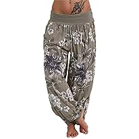 Andongnywell Women Print Wide Harem Pants Hippie Boho Loose Pocket Button Harem Pants High Waist Baggy Beach Pants