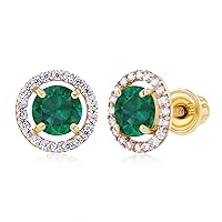 Solid 14K Gold 8mm Halo Natural Birthstone Screwback Stud Earrings For Women | 5mm Round Birthstone | 1mm Created White Sapphire Halo Screwback Earrings For Women and Girls