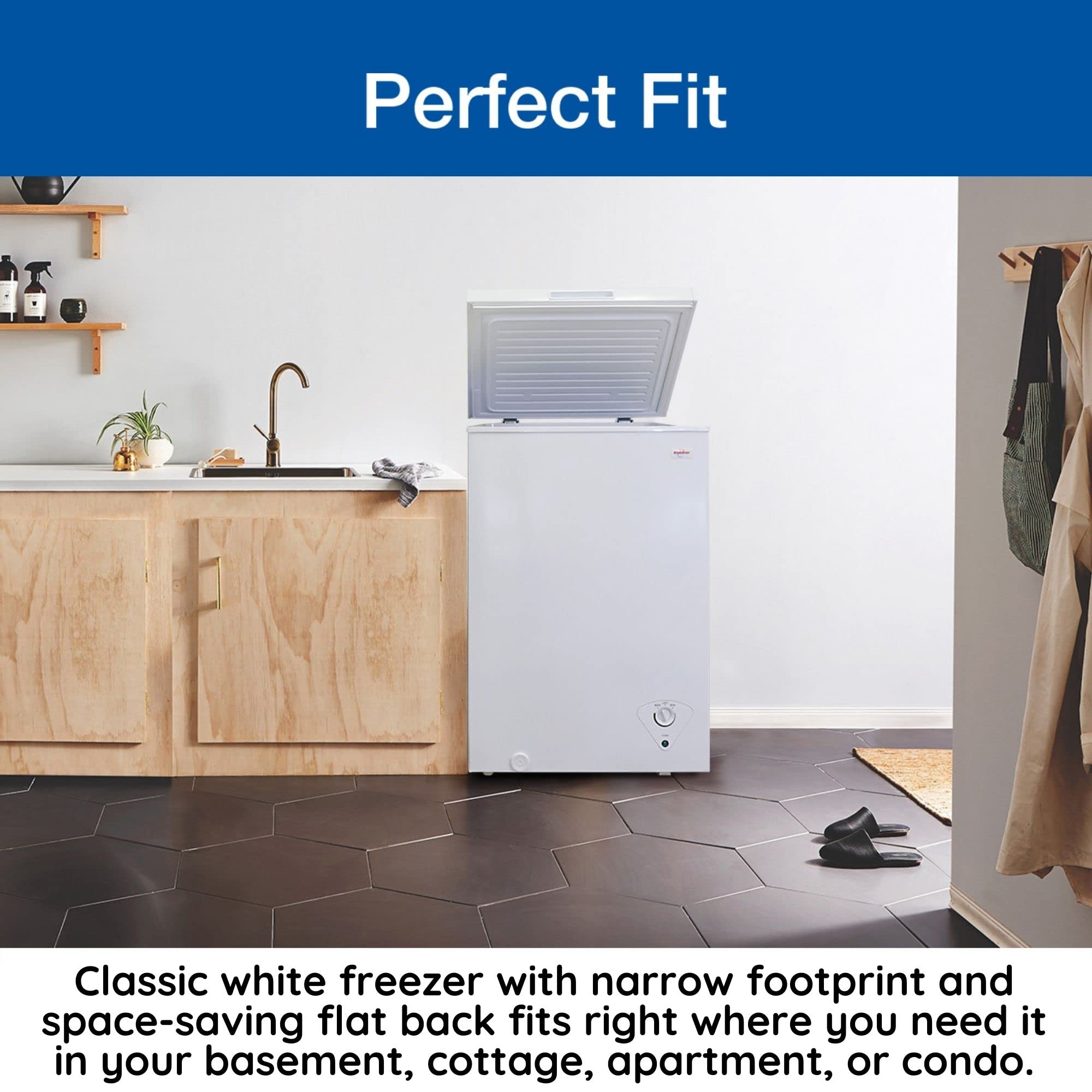 Koolatron Compact Chest Freezer, 3.5 cu ft (99L), White, Manual Defrost Deep Freeze, Storage Basket, Space-Saving Flat Back, Stay-Open Lid, Front-Access Defrost Drain, for Apartment, Condo, Cottage
