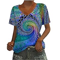 Women's Summer Tie Dye Rainbow Spiral Streak T Shirt Vintage Short Sleeve V Neck Tee Tops Oversized Loose Fit Blouse