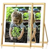 Fixwal Floating Picture Frame Set of 2, 5 x 7 Tempered Glass Frame for Tabletop Display, Gold Metal Display Frame, for Multi Size Photo including 4 x 6,3 x 5